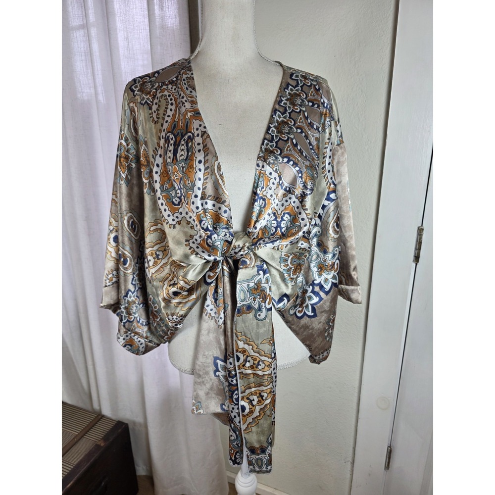 Bucket List Tie Front Paisley Blouse Women's Size Large Brown Blue Orange Green